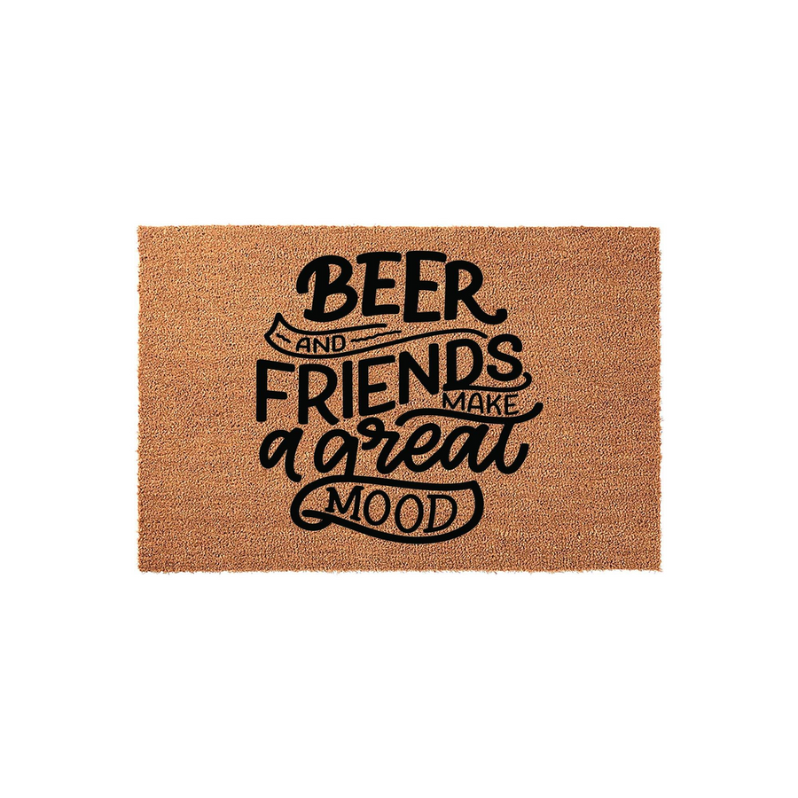 Beer and Friends Make a Great Mood coir doormat featuring bold black typography printed on a natural tan fiber background, creating a fun and welcoming entrance decor piece for any home entryway or porch area for beer lovers.
