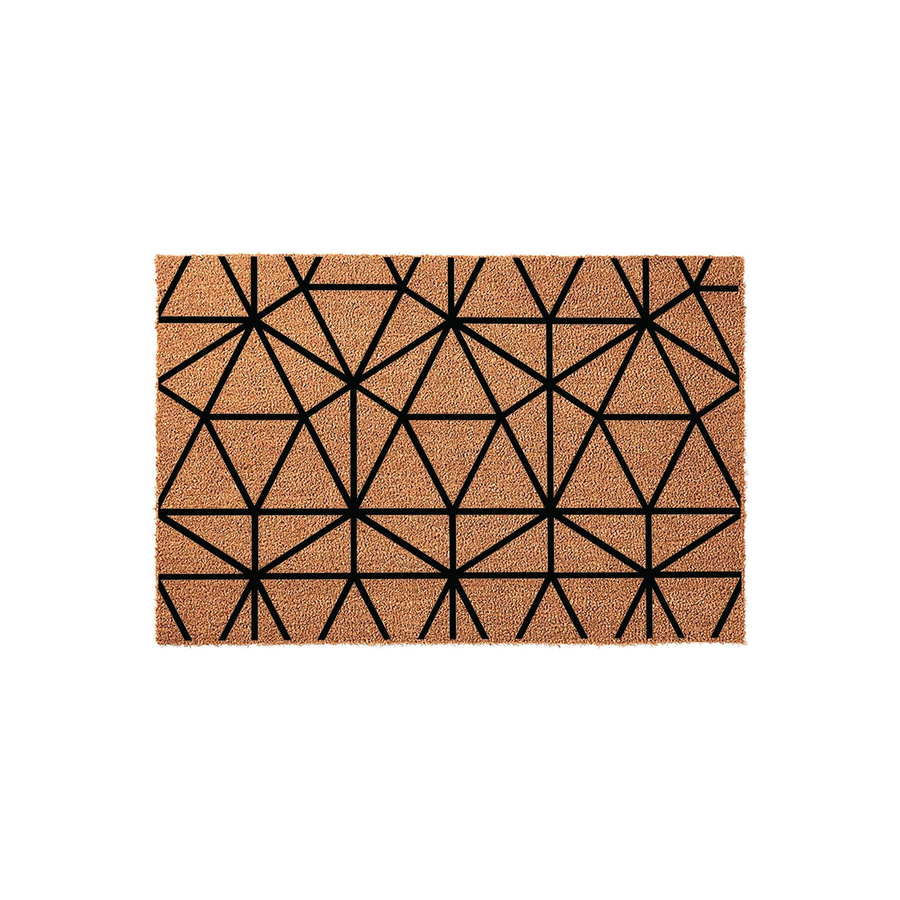 Geometric pattern coir doormat featuring a modern black triangular design printed on a natural brown coconut fiber background, providing a stylish and durable welcome mat for your front porch or entryway decor.