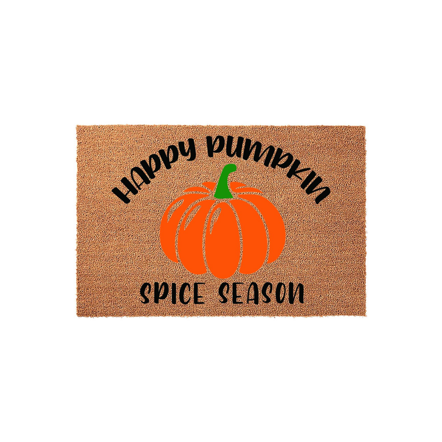 Happy Pumpkin Spice Season coir doormat featuring a vibrant orange pumpkin illustration centered on a natural brown fiber background, perfect for adding a festive fall touch to your front porch entryway decor during the autumn