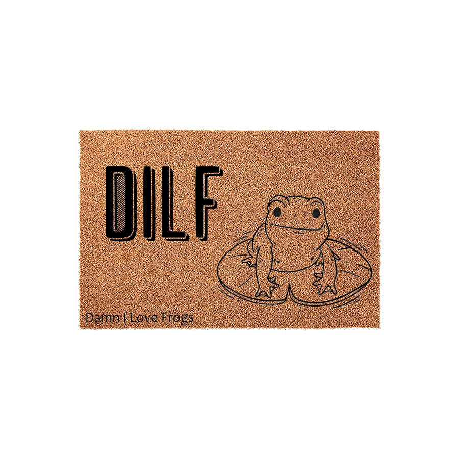 Funny Frog Doormat featuring a brown coir texture with the bold text DILF and the phrase Damn I Love Frogs printed in black, accompanied by a cute line-art illustration of a frog sitting on a lily pad against a plain white