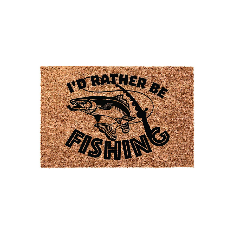 I'd Rather Be Fishing coir doormat featuring a black graphic of a jumping fish and a fishing rod, set against a natural tan textured background to create a rustic outdoor entrance decor piece for any angler's home or cabin front