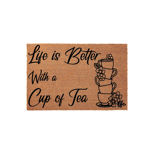 Life is Better With a Cup of Tea coir doormat featuring a stack of illustrated teacups and floral accents in black ink, providing a charming and welcoming entryway decor piece for any tea lover's home on a natural brown fiber