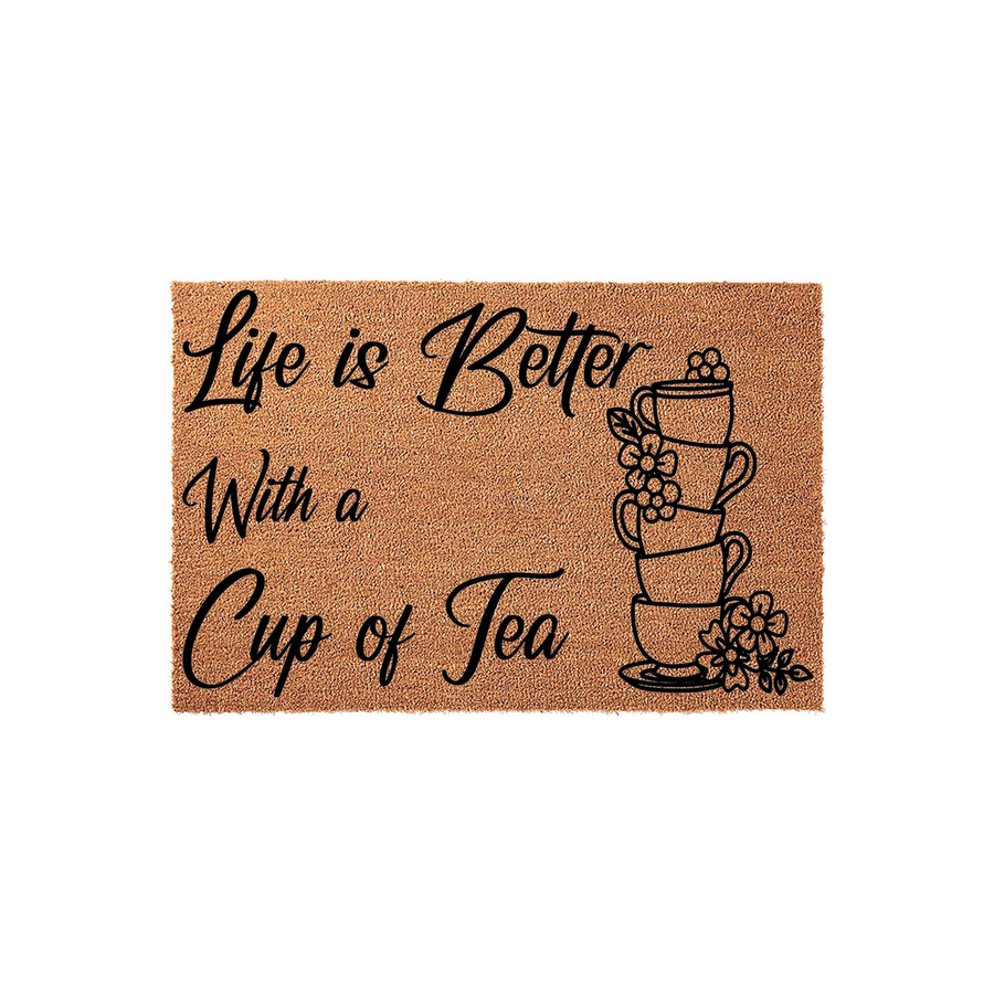 Life is Better With a Cup of Tea coir doormat featuring a stack of illustrated teacups and floral accents in black ink, providing a charming and welcoming entryway decor piece for any tea lover's home on a natural brown fiber