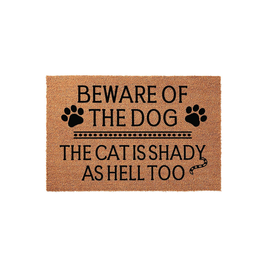Funny Beware of the Dog and Shady Cat doormat featuring natural coir fibers and bold black text, perfect for pet owners who want to add a humorous touch to their front porch decor while warning guests about their mischievous