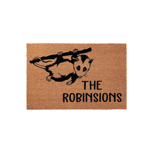 Personalized Opossum Coir Doormat featuring a cute black illustration of an opossum hanging from a branch, with customizable family name text printed in a clean sans-serif font on a natural brown textured fiber background.