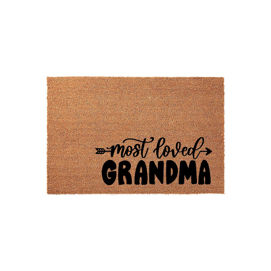 Most Loved Grandma coir doormat featuring a natural tan fiber texture with black printed text that reads most loved Grandma, accented by a small arrow design on a clean white background for a welcoming front porch entry decor
