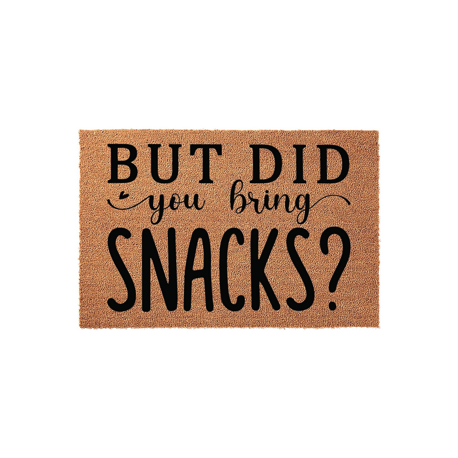 Funny But Did You Bring Snacks coir doormat featuring bold black typography on a natural tan fiber background, creating a humorous and welcoming entryway decor piece for your front porch that greets guests with a playful