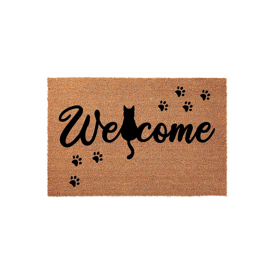 Cat Welcome Doormat featuring a natural coir texture with a black silhouette of a sitting cat integrated into the word Welcome, surrounded by playful black paw prints scattered across the rectangular front door mat surface.