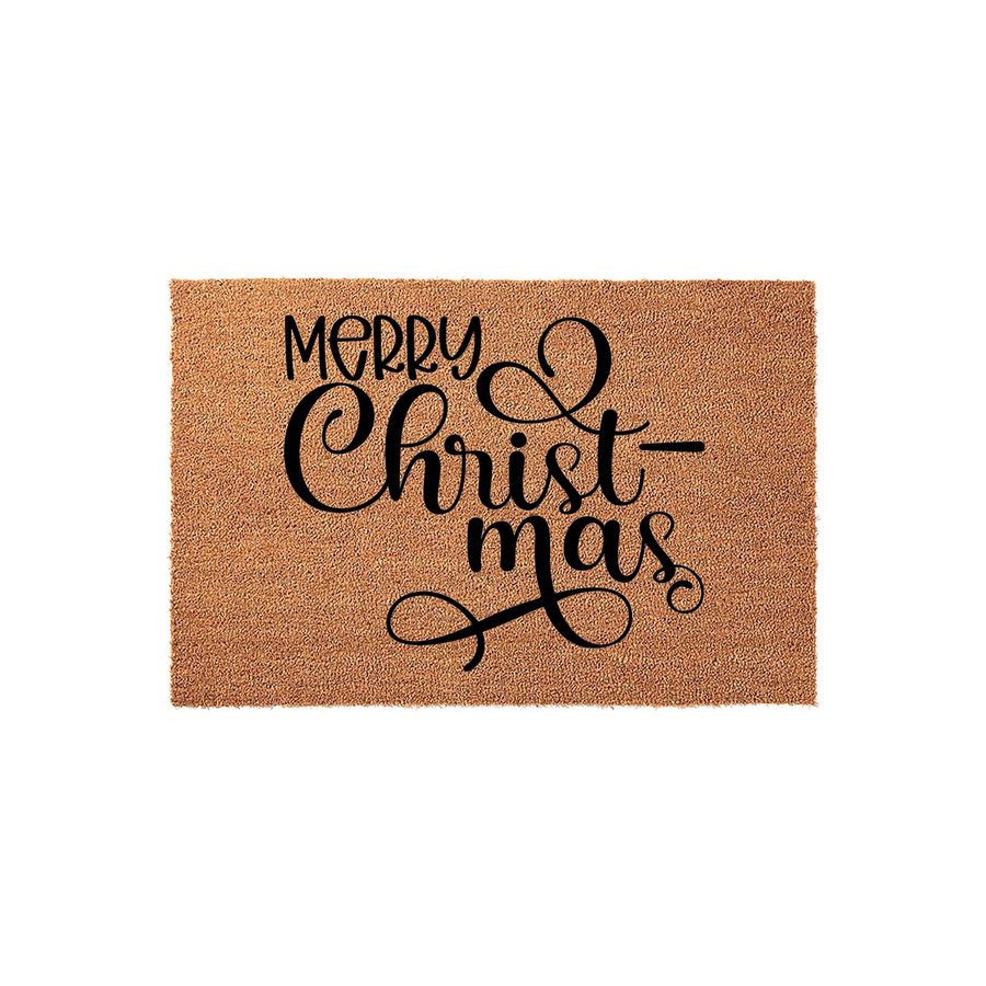 Merry Christmas coir doormat featuring a natural brown fiber texture and elegant black script lettering centered on the mat, providing a festive and welcoming holiday decoration for your front porch entrance during the winter