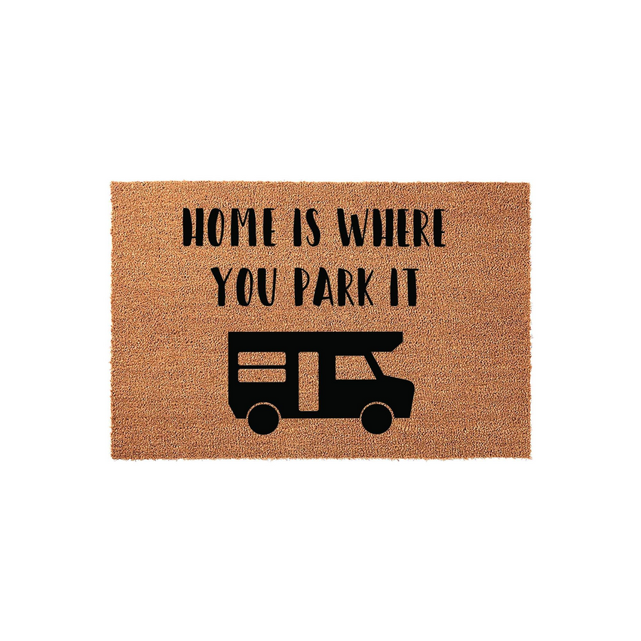 Home Is Where You Park It RV Doormat featuring a natural coir texture with black printed text and a camper van graphic, centered on a plain white background for a clean look that is ideal for any camping enthusiast or travel