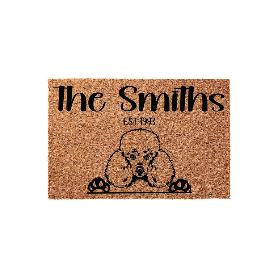 Personalized Poodle family doormat featuring a cute illustrated dog peeking over the edge with its paws, customized with a family name and established year on a natural tan coir fiber background for a welcoming front porch