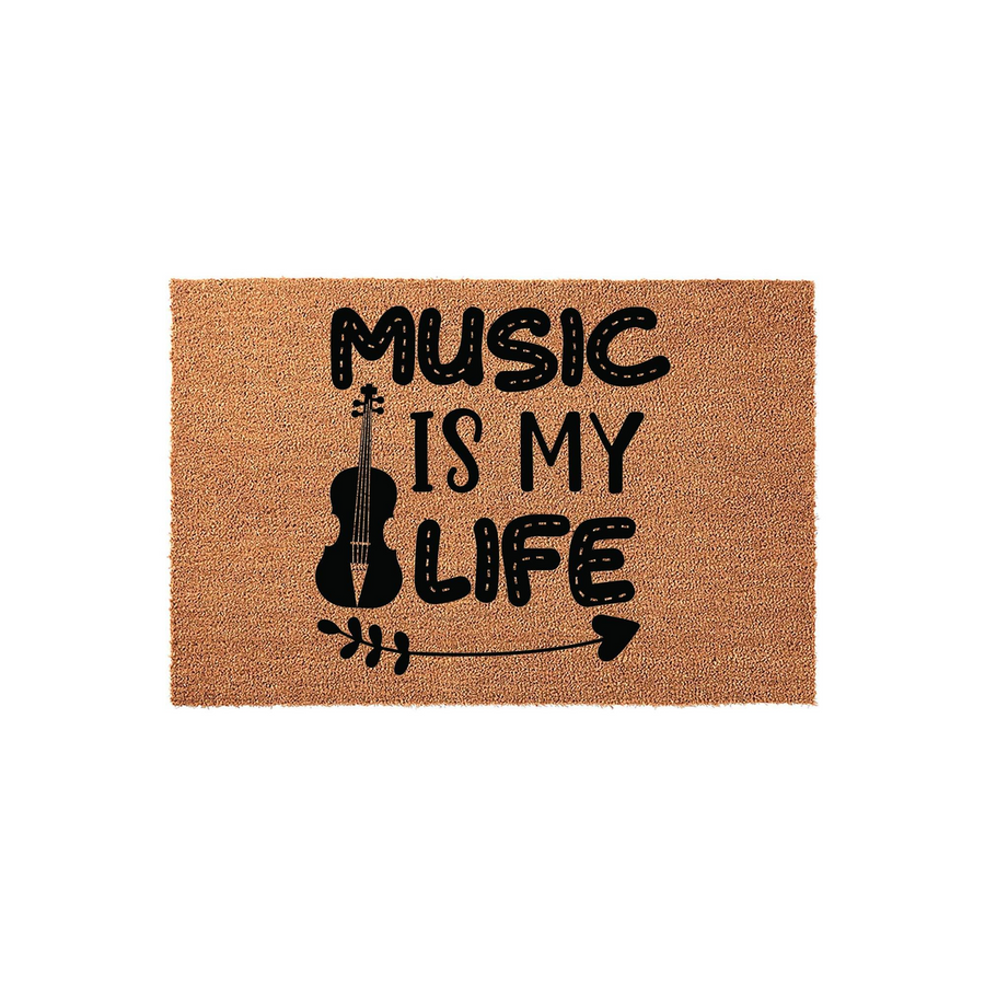 Music Is My Life coir doormat featuring a black silhouette of a violin and a decorative arrow design on a natural brown fiber background, making it a fun entryway rug for any musician or music lover looking to decorate their home