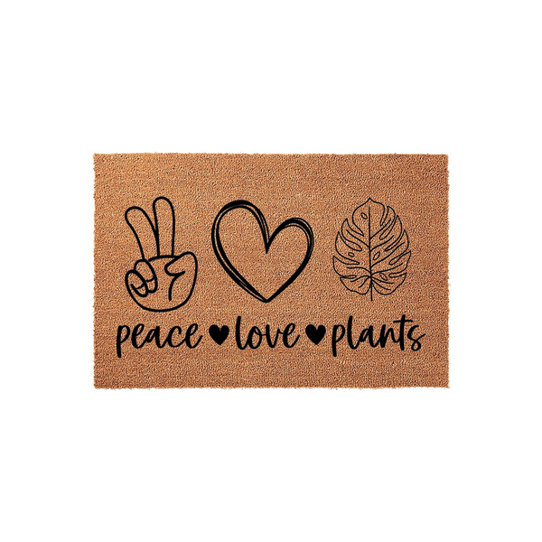 Peace Love Plants coir doormat featuring a black printed design of a peace sign, a heart, and a monstera leaf on a natural brown textured fiber background, perfect for a gardener or plant lover entryway decor.