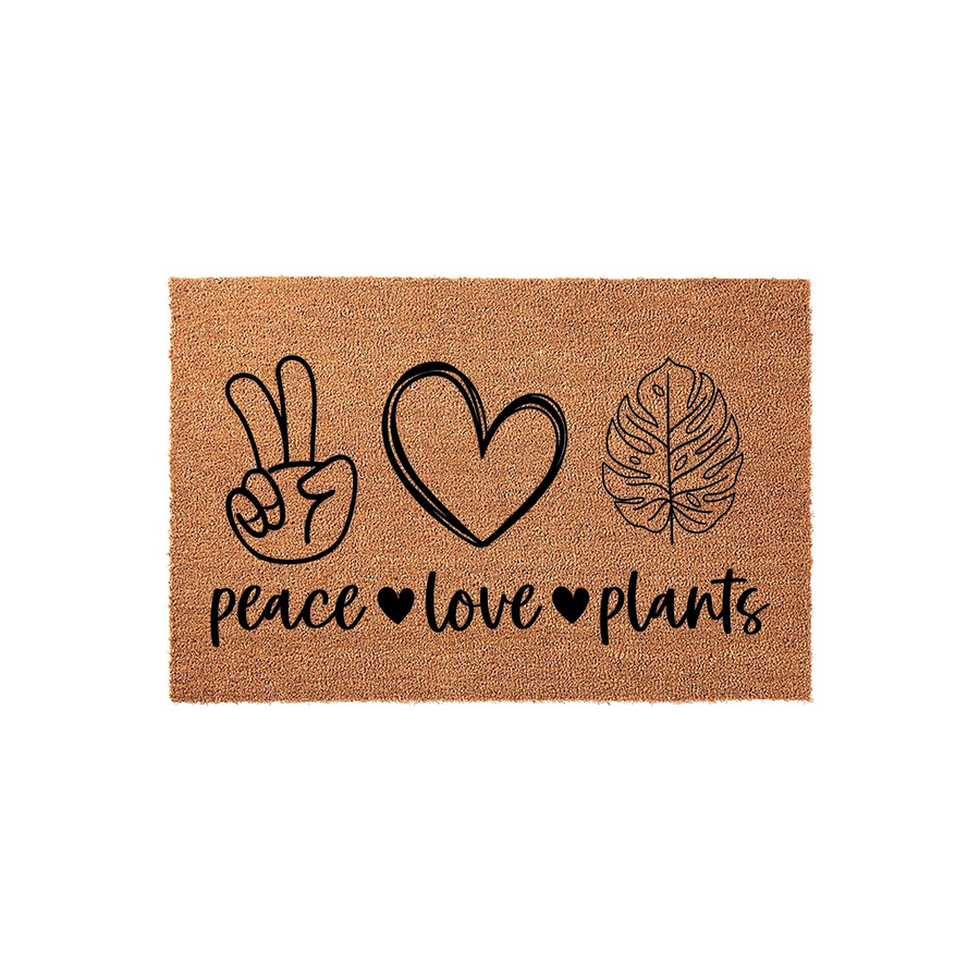 Peace Love Plants coir doormat featuring a black printed design of a peace sign, a heart, and a monstera leaf on a natural brown textured fiber background, perfect for a gardener or plant lover entryway decor.