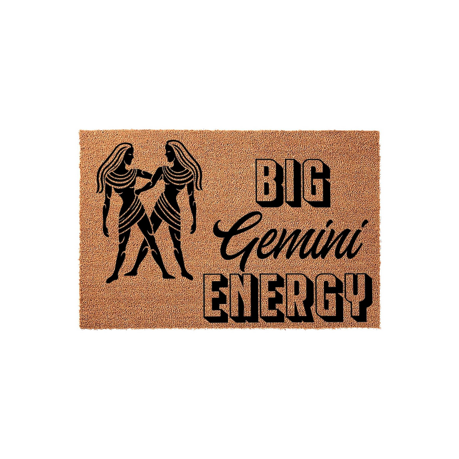 Big Gemini Energy coir doormat featuring a black graphic of the zodiac twins on a natural brown fiber background, making a fun astrology-themed entrance rug for any home that celebrates the dual nature of the Gemini star sign