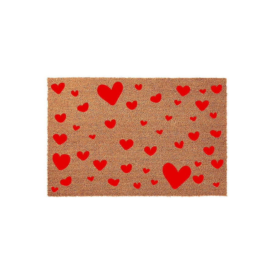 Red Heart Pattern Coir Doormat featuring a natural brown fiber texture decorated with many vibrant red hearts of varying sizes, creating a festive and welcoming entrance decor piece for your home or front porch entryway.