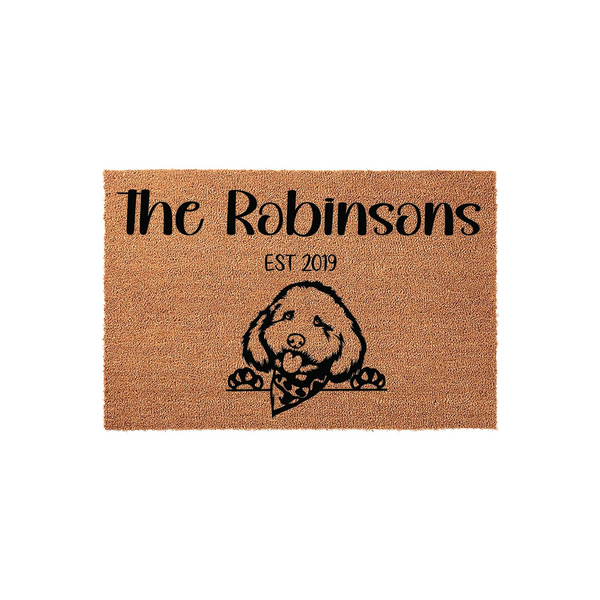 Personalized Goldendoodle family doormat featuring a cute illustrated dog wearing a bandana, customized with a family name and established year on a natural coir fiber background for a welcoming front porch entrance.