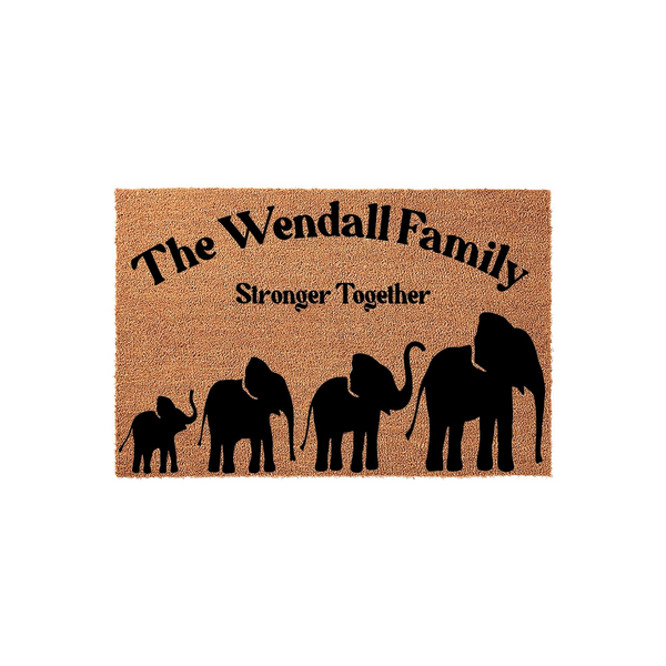 Personalized family name coir doormat featuring a cute elephant family silhouette design with the text Stronger Together, providing a welcoming and durable natural fiber floor mat for your front porch or entryway decor.