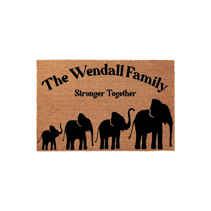 Personalized family name coir doormat featuring a cute elephant family silhouette design with the text Stronger Together, providing a welcoming and durable natural fiber floor mat for your front porch or entryway decor.
