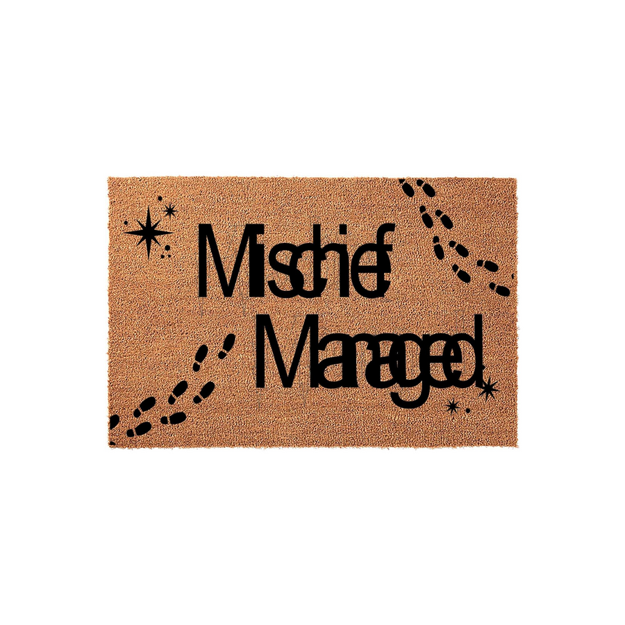 Mischief Managed coir doormat featuring a natural brown fiber texture with black printed text and whimsical footprints, creating a fun entryway accent for fans of magical fantasy stories and wizard-themed home decor.