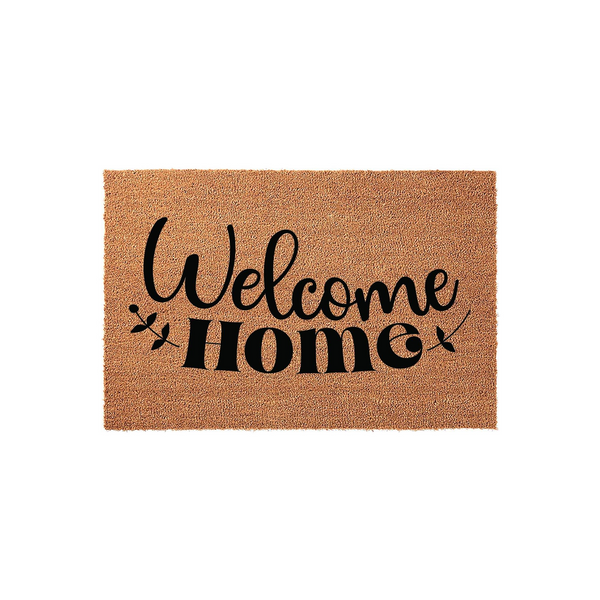 Welcome Home coir doormat featuring a natural tan fiber texture and bold black script lettering, providing a classic and inviting entryway decor piece for your front porch or house entrance on a clean white background.