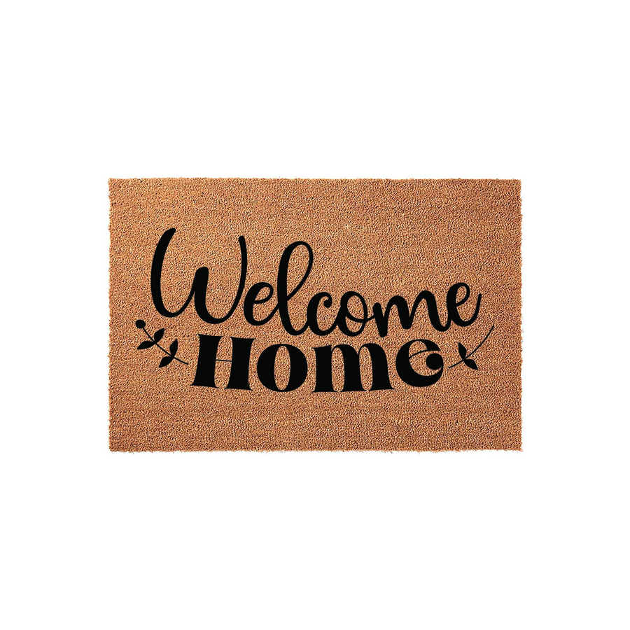 Welcome Home coir doormat featuring a natural tan fiber texture and bold black script lettering, providing a classic and inviting entryway decor piece for your front porch or house entrance on a clean white background.
