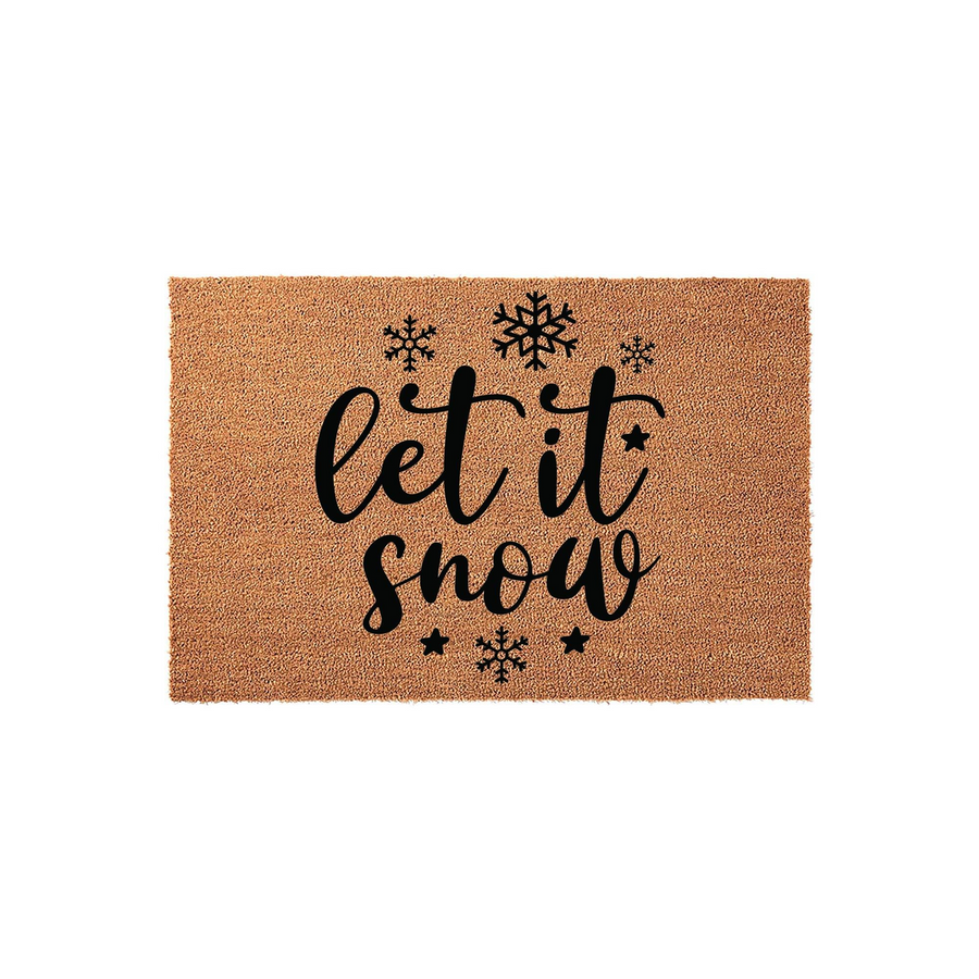 Let It Snow winter doormat made of natural coir fiber, featuring black script lettering and decorative snowflake and star icons, displayed against a clean white background for a festive holiday home entryway decor look.
