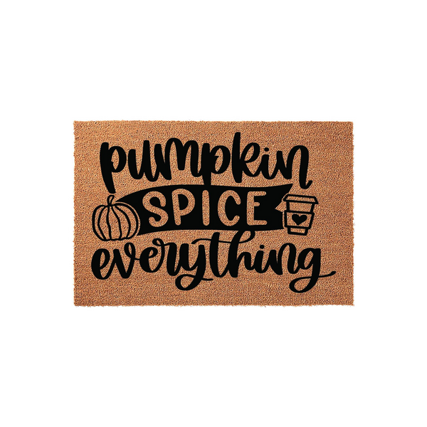 Pumpkin Spice Everything coir doormat featuring black script lettering, a small pumpkin icon, and a coffee cup graphic on a natural tan fiber background, creating a festive fall entryway decor piece for your front porch or home