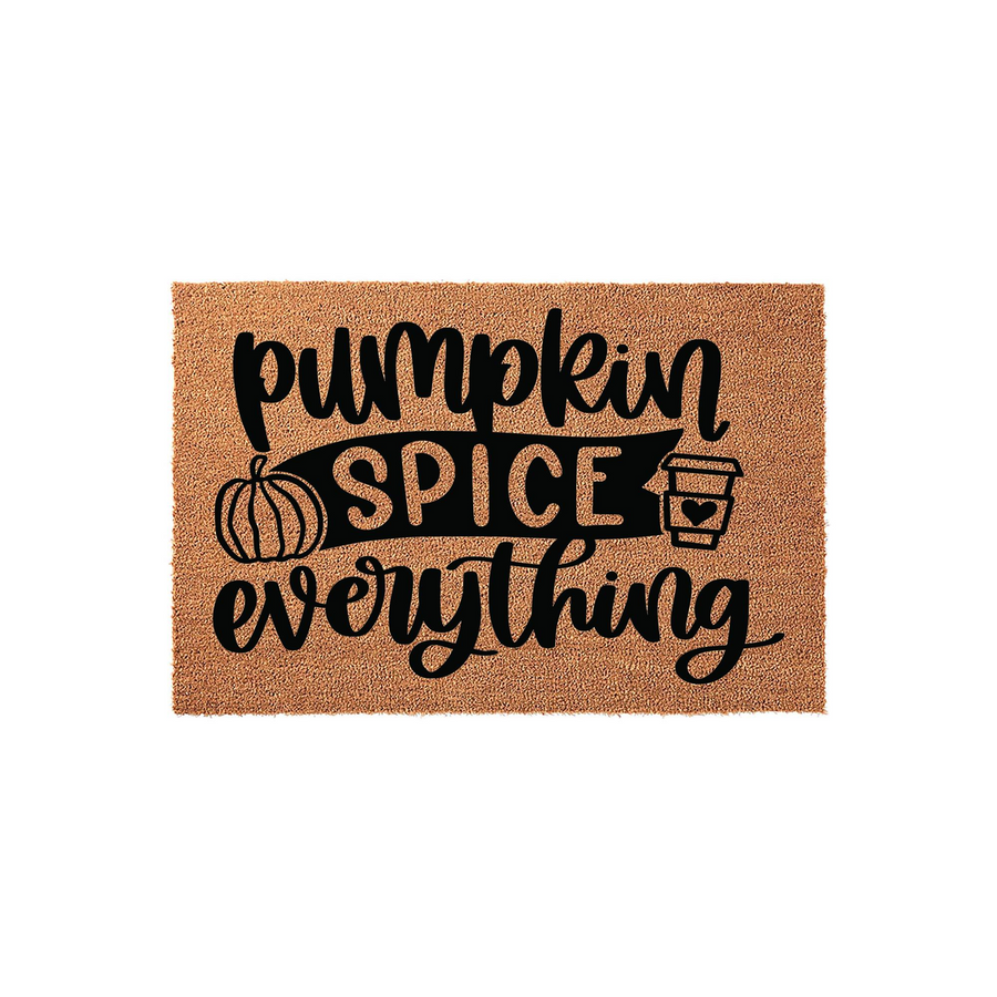 Pumpkin Spice Everything coir doormat featuring black script lettering, a small pumpkin icon, and a coffee cup graphic on a natural tan fiber background, creating a festive fall entryway decor piece for your front porch or home