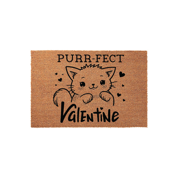 Purr-fect Valentine cat doormat featuring a cute illustrated kitten with hearts on a natural coir fiber background, making a festive and charming entryway decoration for cat lovers celebrating the holiday of love at their front