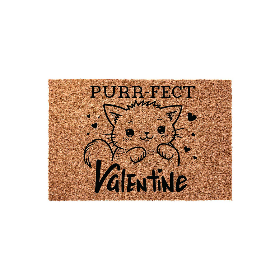 Purr-fect Valentine cat doormat featuring a cute illustrated kitten with hearts on a natural coir fiber background, making a festive and charming entryway decoration for cat lovers celebrating the holiday of love at their front