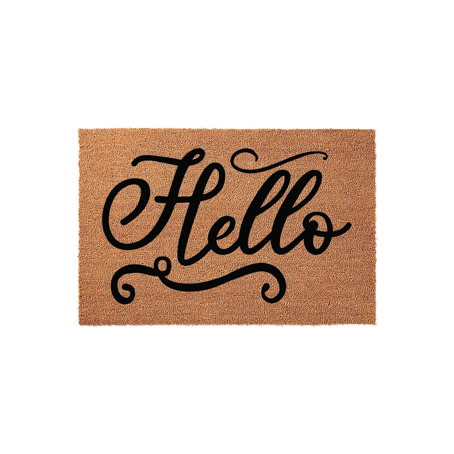 Hello coir doormat featuring a natural tan fiber texture and elegant black cursive script lettering, providing a welcoming and stylish entrance decor piece for your front porch or home entryway on a clean white background.