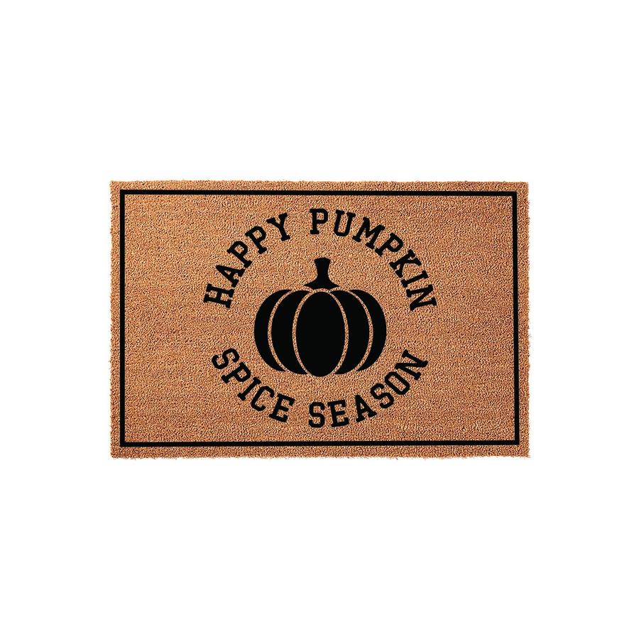 Happy Pumpkin Spice Season coir doormat featuring a black pumpkin graphic centered on a natural brown fiber background, framed by a simple black border to add a festive fall touch to your front porch entryway decor.