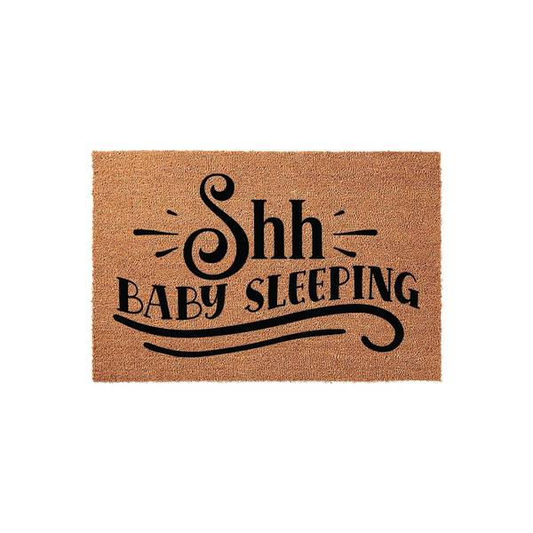 Shh Baby Sleeping coir doormat featuring a natural tan fiber texture and bold black lettering, designed to alert visitors to keep quiet while a newborn is resting inside the home on a clean, plain white studio background.