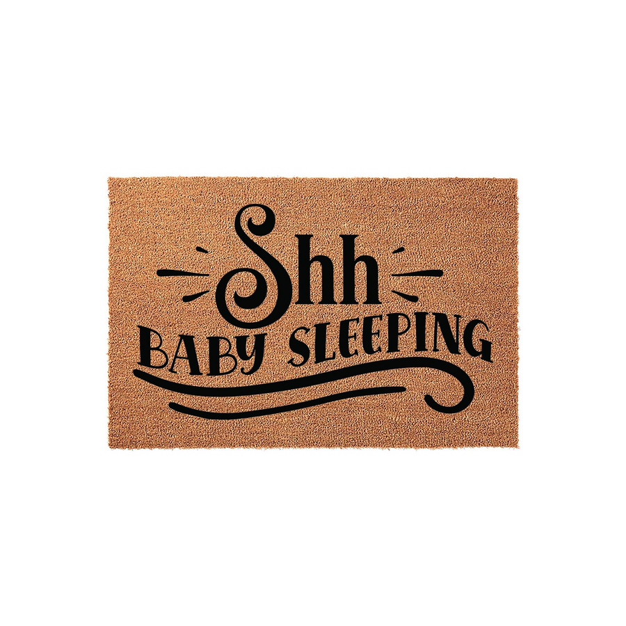 Shh Baby Sleeping coir doormat featuring a natural tan fiber texture and bold black lettering, designed to alert visitors to keep quiet while a newborn is resting inside the home on a clean, plain white studio background.