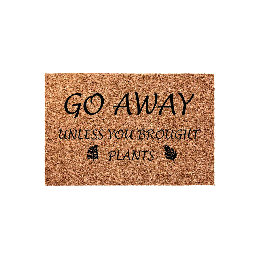 Go Away Unless You Brought Plants coir doormat featuring a humorous message in black text with decorative leaf icons, set against a plain white background for a clean look at this funny outdoor entryway floor mat for plant lovers.