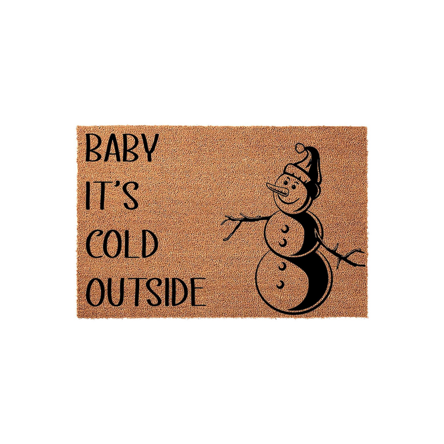 Baby It's Cold Outside Christmas doormat featuring a cheerful snowman illustration on a natural coir fiber background, perfect for adding a festive touch to your front porch decor during the winter holiday season.