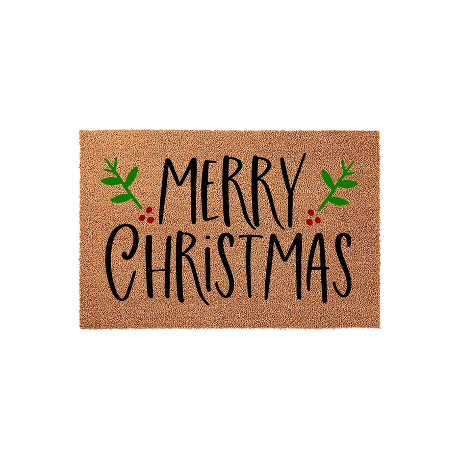 Merry Christmas coir doormat featuring a natural brown fiber texture with black handwritten-style lettering and festive green holly leaves with red berries, creating a welcoming holiday entrance for your front porch decor.