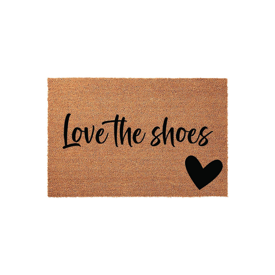 Love the shoes coir doormat featuring a natural tan fiber texture with bold black script lettering and a simple heart icon, creating a fun and welcoming entryway decor piece for any home that appreciates a stylish front porch