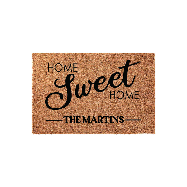Personalized Home Sweet Home coir doormat featuring a natural brown fiber texture and bold black lettering that includes a custom family name, making it a welcoming addition to any front porch or entryway decor for new homeowners.