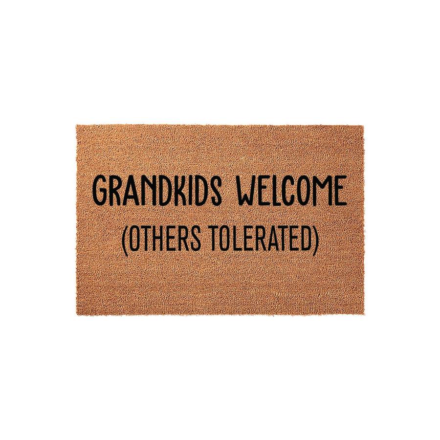 Grandkids Welcome doormat made of natural coir fiber with a humorous message printed in bold black text, featuring a rectangular shape that is perfect for a front porch entrance to celebrate a grandparent's home and family