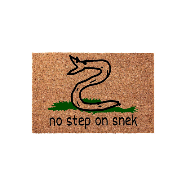 No Step On Snek funny doormat featuring a hand-drawn cartoon snake on a patch of green grass, printed on a natural coir fiber welcome mat with a humorous meme-inspired design that adds a playful touch to any front porch entryway.