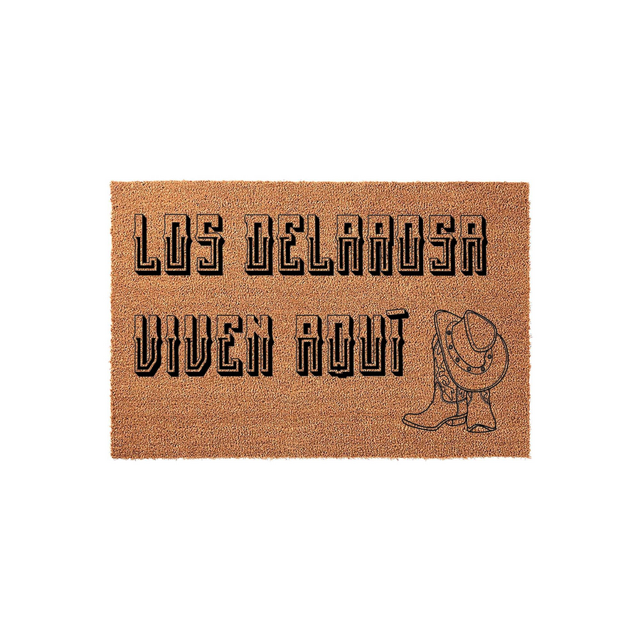 Personalized Western doormat featuring a rustic coir texture with black text and a cowboy hat and boot illustration, perfect for a farmhouse entryway that showcases a custom family name in a bold, stylized western font design.