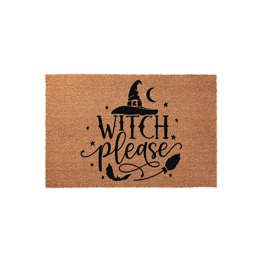 Witch Please Halloween Doormat featuring a natural coir texture with a black printed design of a witch hat, crescent moon, stars, and a broomstick, creating a festive entryway decor piece for the spooky fall season.