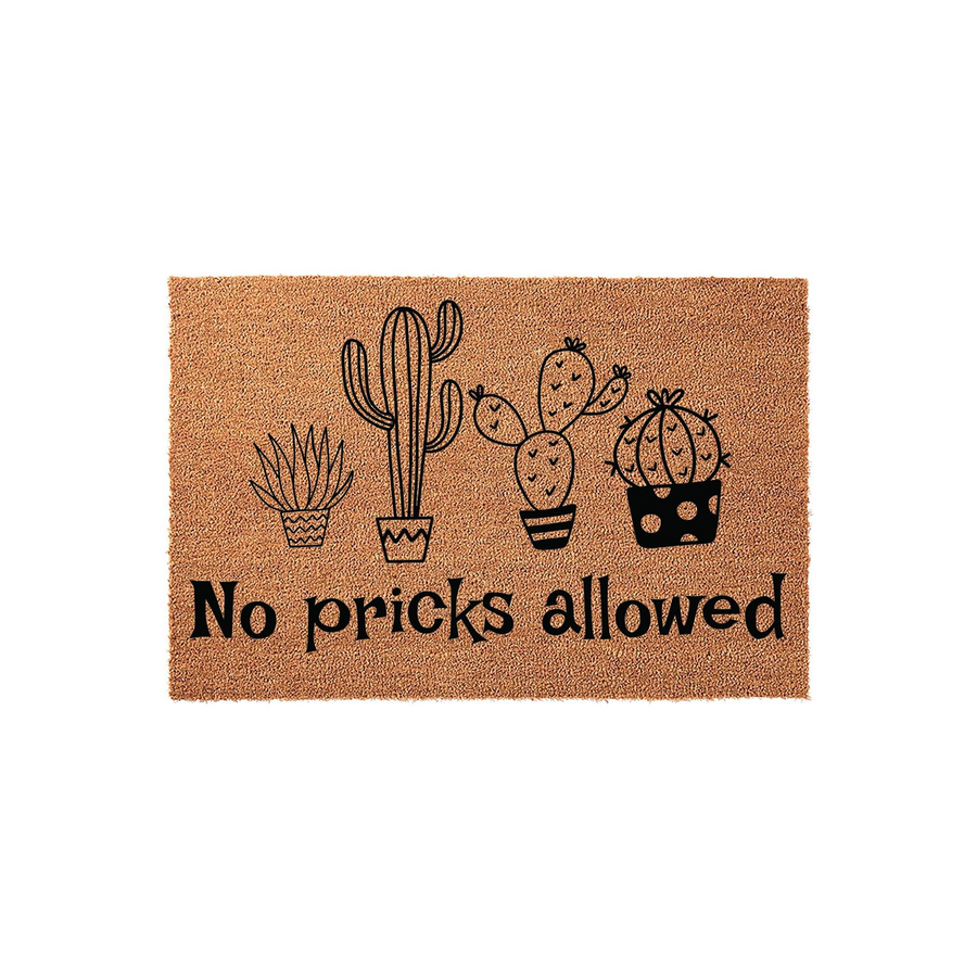 No Pricks Allowed coir doormat featuring a playful black line art illustration of four different potted cacti on a natural brown textured background, creating a fun and welcoming entrance for any plant lover's home or front porch.