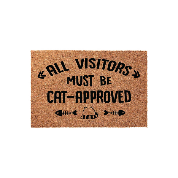Cat-Approved Funny Doormat featuring a natural coir texture with bold black text that reads All Visitors Must Be Cat-Approved, accented by cute fish bone and cat head illustrations on a clean white background for a humorous