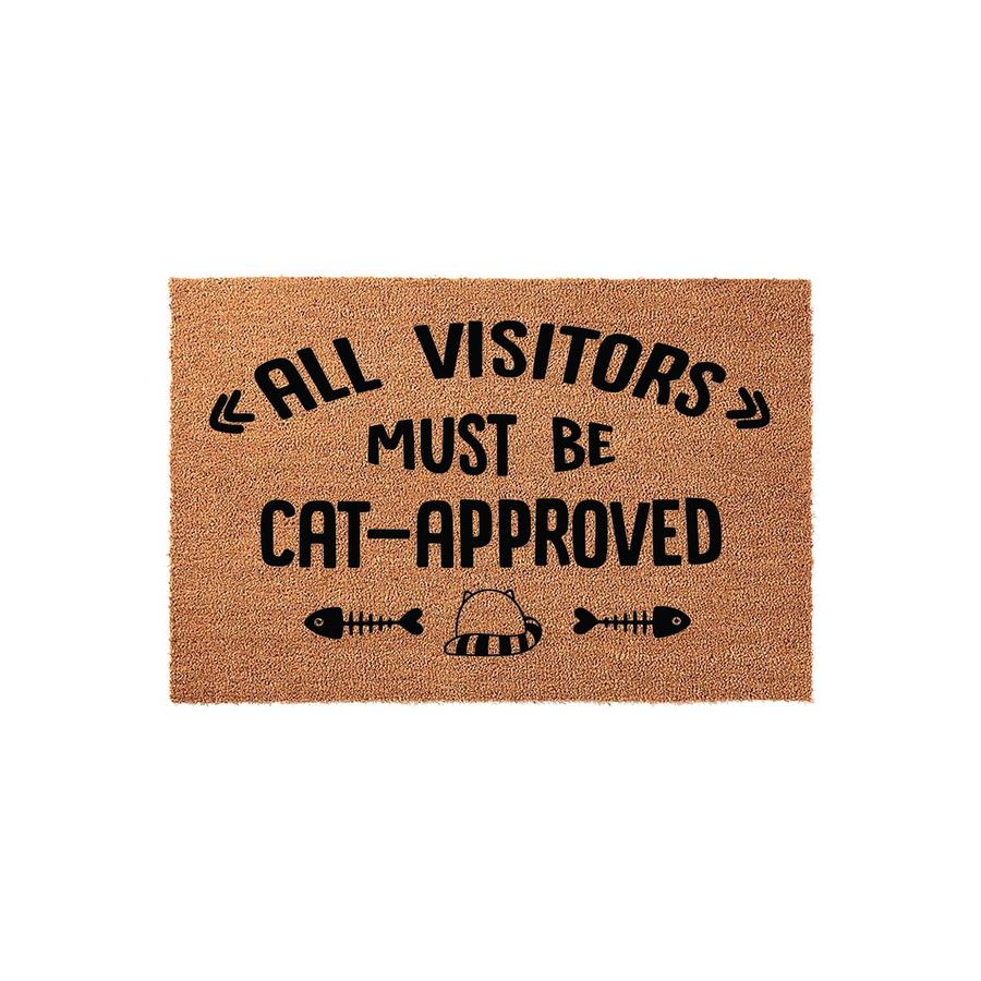 Cat-Approved Funny Doormat featuring a natural coir texture with bold black text that reads All Visitors Must Be Cat-Approved, accented by cute fish bone and cat head illustrations on a clean white background for a humorous