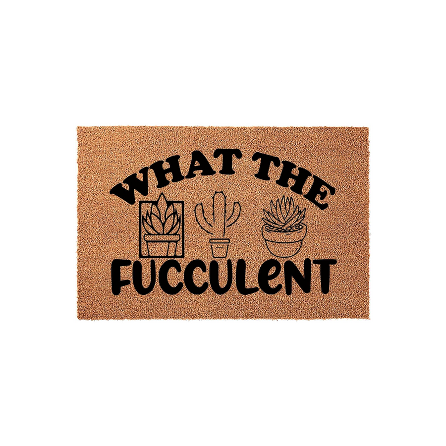 Funny Succulent Welcome Doormat featuring a natural coir texture with black text that reads What The Fucculent, accompanied by three illustrated potted cactus and succulent plants centered on a plain white studio background.