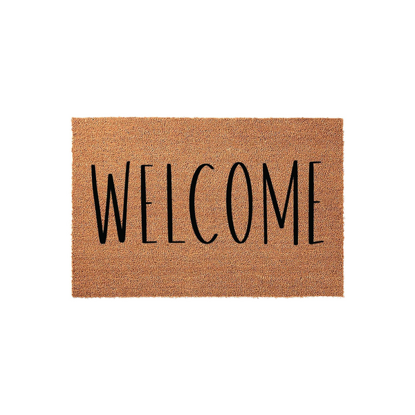 Welcome Coir Doormat featuring a natural brown fiber texture and bold black lettering centered on the front, providing a classic and durable entryway floor mat for your home porch or front door area to greet all your guests.