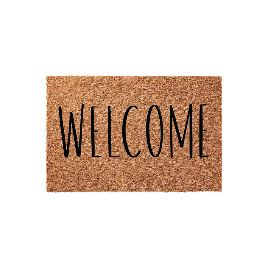 Welcome Coir Doormat featuring a natural brown fiber texture and bold black lettering centered on the front, providing a classic and durable entryway floor mat for your home porch or front door area to greet all your guests.